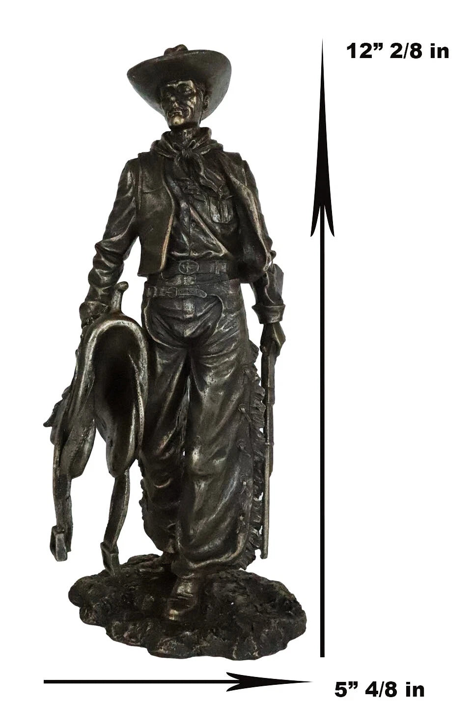 Old World Rustic Western Cowboy Holding Horse Saddle and Rifle Gun Statue 12"H-8