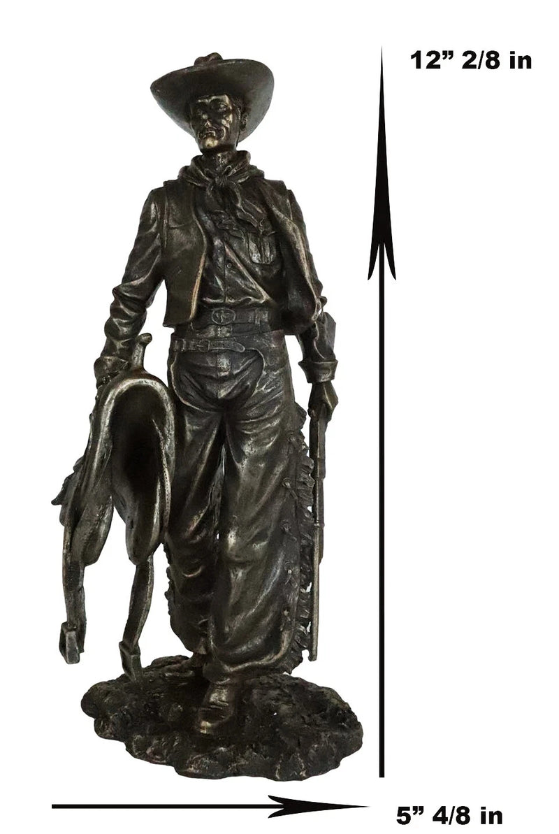 Old World Rustic Western Cowboy Holding Horse Saddle and Rifle Gun Statue 12"H-8