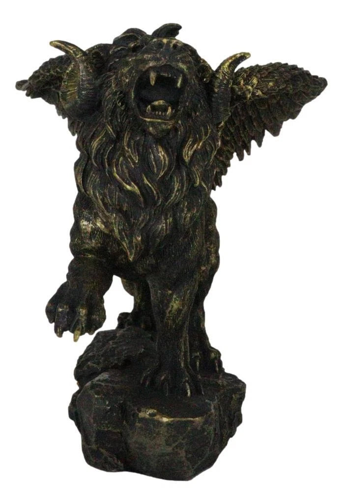Faux Bronze Greek Guardian Winged Lion Chimera Gargoyle With Goat Horns Figurine-9