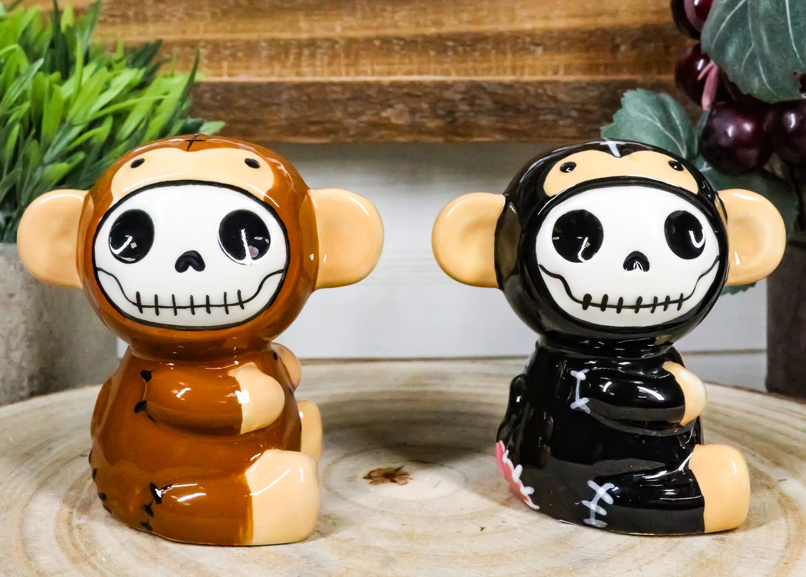 Furrybones Twins Voodoo Skeleton Monkeys Ceramic Salt Pepper Shakers Set-1