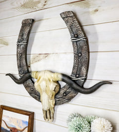 21" L Rustic Western Longhorn Bull Cow Skull With Giant Horseshoe Wall Decor-6