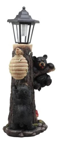 Large Climbing Black Bear Cubs With Beehive Statue W/ Solar LED Lantern Light-7