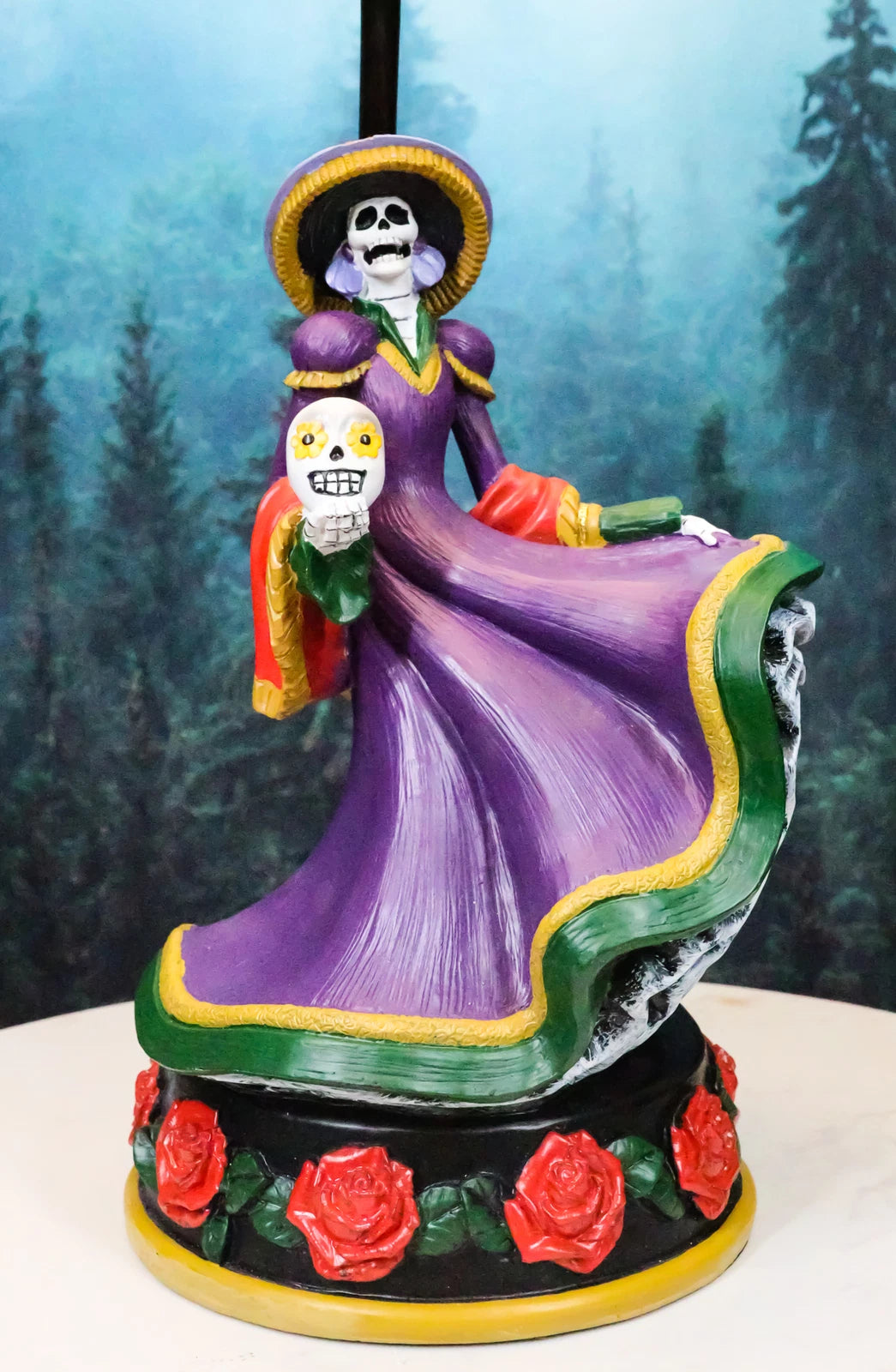 Day of The Dead La Calavera Catrina Sugar Skull Standing On Red Roses Table Lamp-9