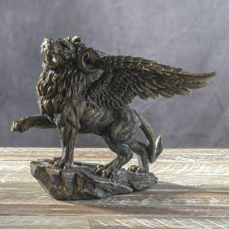 Faux Bronze Greek Guardian Winged Lion Chimera Gargoyle With Goat Horns Figurine-8