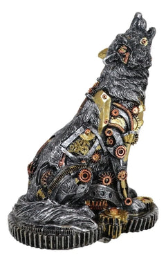Steampunk Silver Alpha Wolf Howling Statue with Gears Base 7.5"H Figurine-9