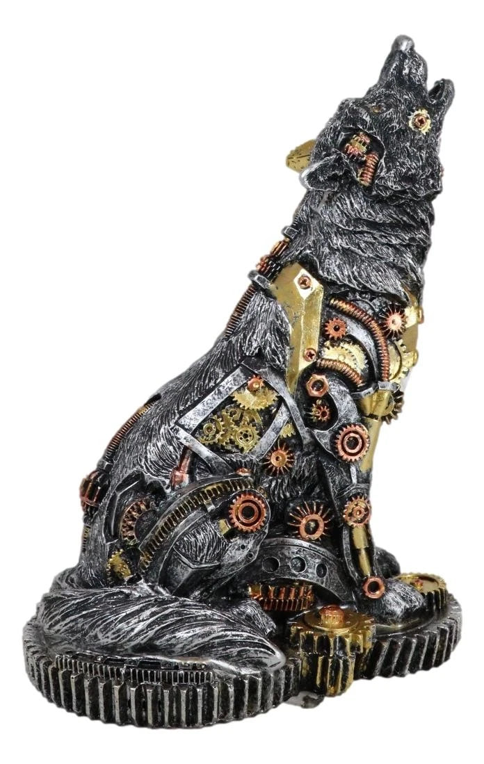Steampunk Silver Alpha Wolf Howling Statue with Gears Base 7.5"H Figurine-9