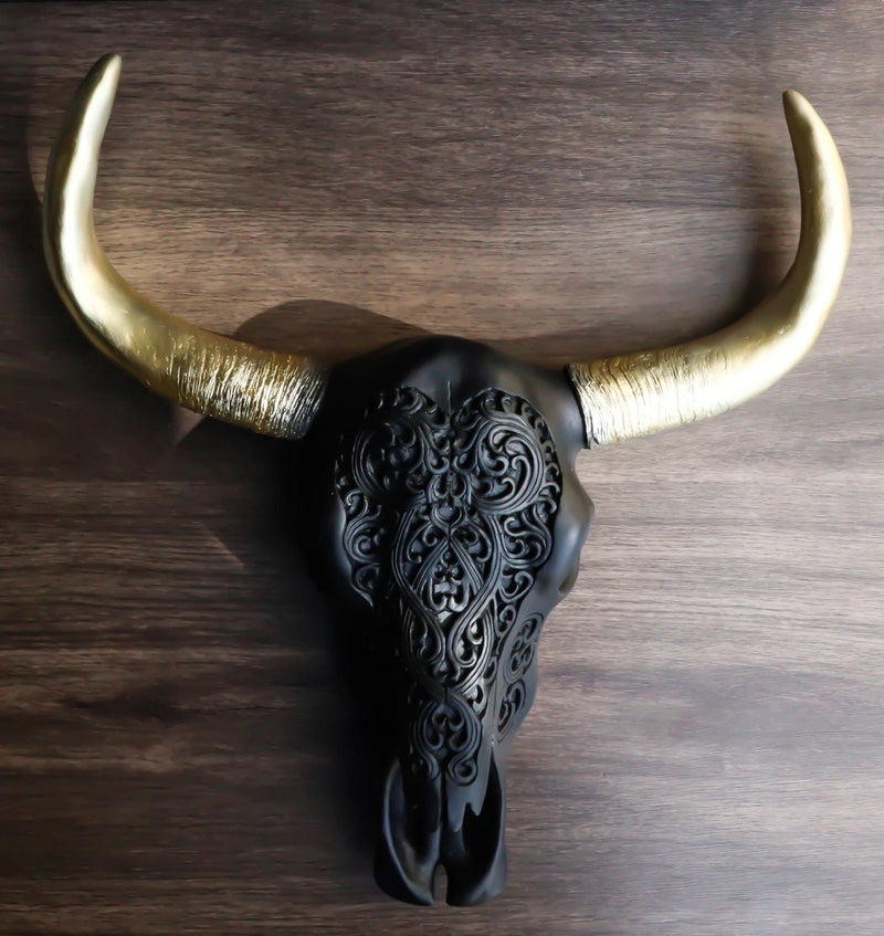 Black And Gold Tribal Floral Tattoo Tooled Filigree Bull Cow Skull Wall Decor-9