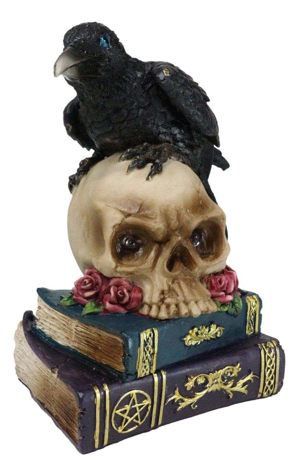 Raven Crow Perching On Skull With LED Eyes And Spell Books Of Prophecy Figurine-9