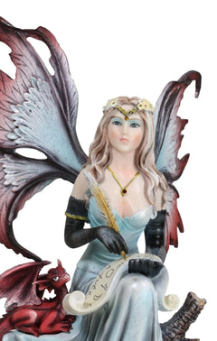 Blonde Fairy Scribe And Red Dragon Writing On Dragons Tales Scroll Figurine-9