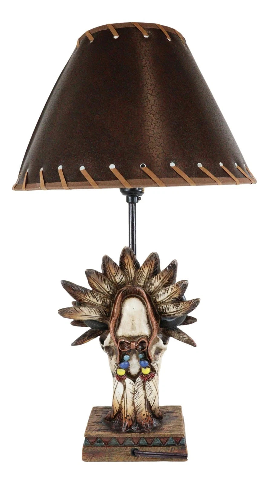 Western Cow Skull with Tribal Indian Chief Feathers Roach Headdress Table Lamp-8