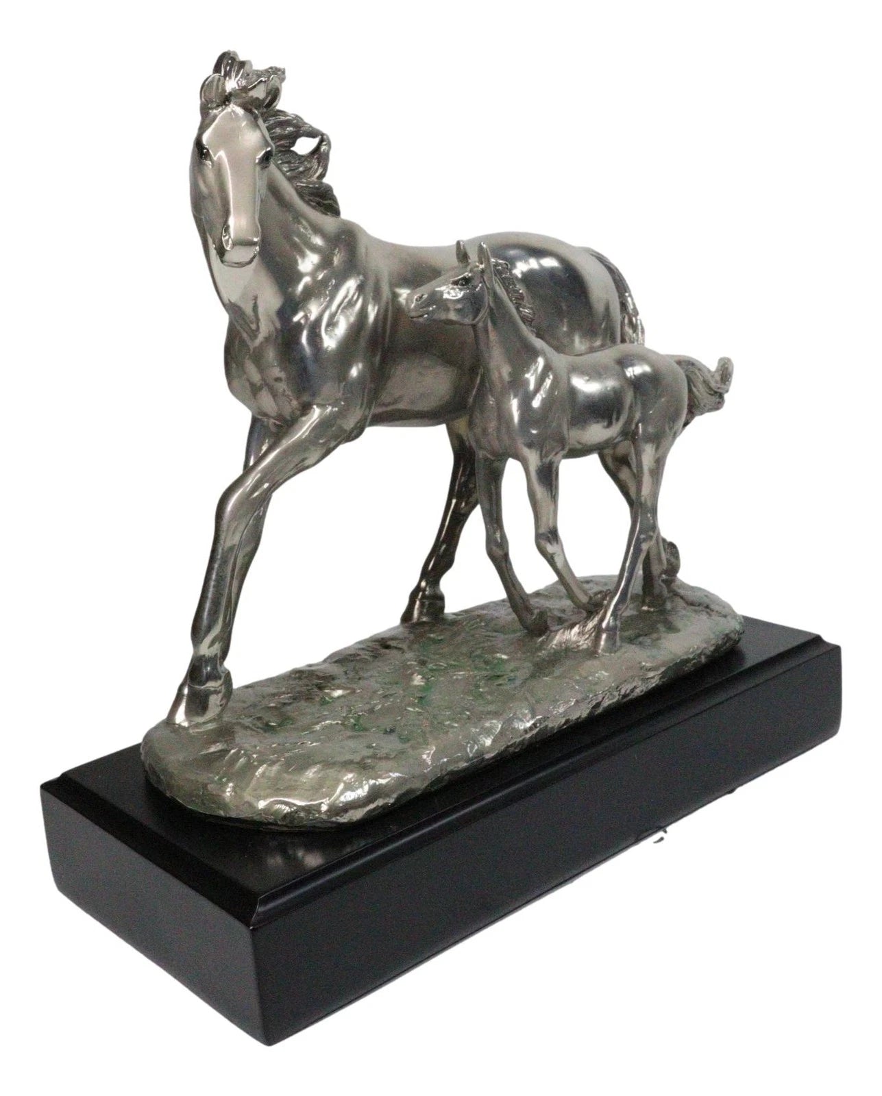 Western Horse and Foal Chrome Electroplated Resin Figurine With Museum Base-9