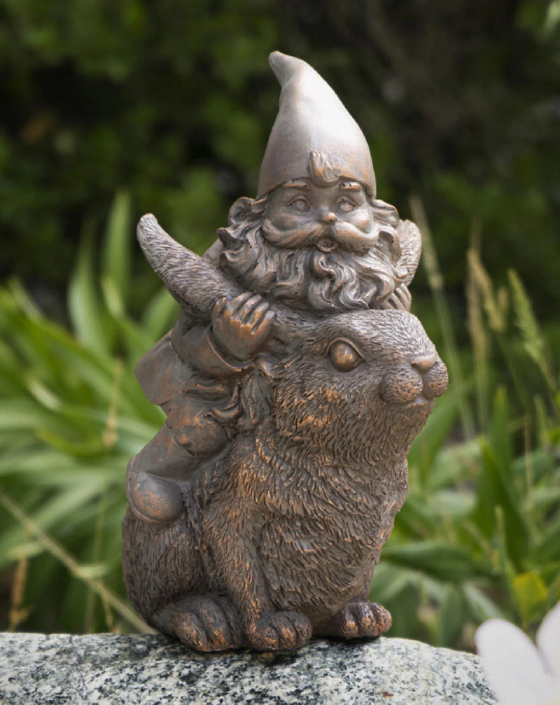 Whimsical Adventure Mr Gnome Dwarf Riding Rabbit Hare Figurine Fairy Garden-1