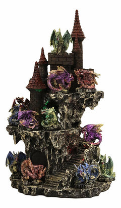 Medieval Rocky Cliff Castle LED Light Display Stand With 12 Mini Dragons Statue-9