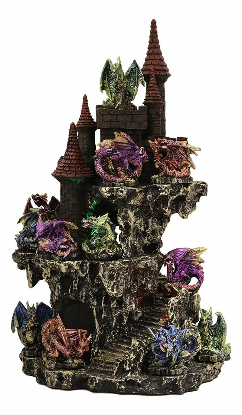 Medieval Rocky Cliff Castle LED Light Display Stand With 12 Mini Dragons Statue-9