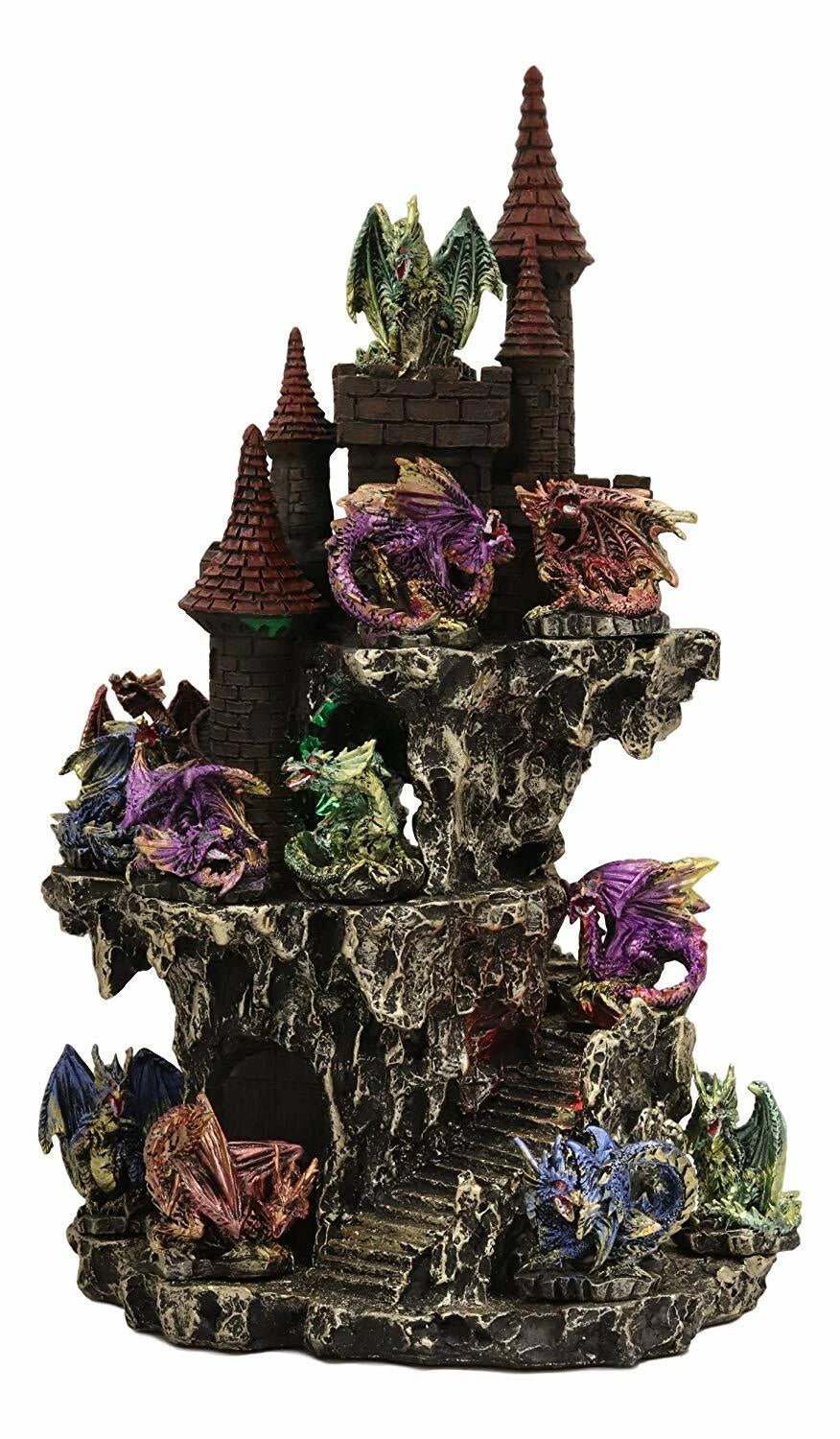 Medieval Rocky Cliff Castle LED Light Display Stand With 12 Mini Dragons Statue-9