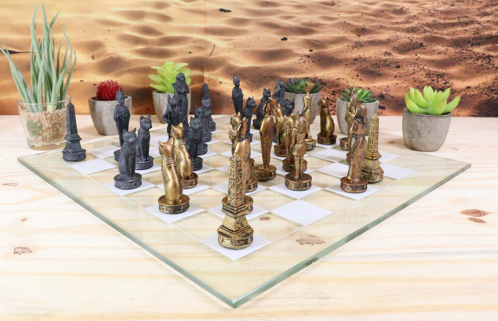 Egyptian Gods Monuments King Tut & Nefertiti Chess Pieces Glass Board Set-9