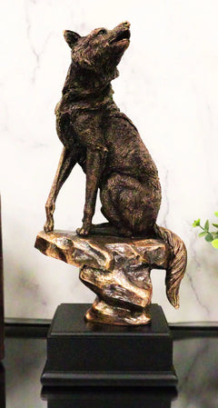 Rustic Moon Howling Alpha Wolf Sitting On Rocky Cliff Figurine With Trophy Base-8