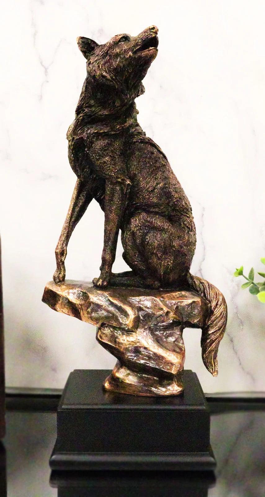 Rustic Moon Howling Alpha Wolf Sitting On Rocky Cliff Figurine With Trophy Base-8
