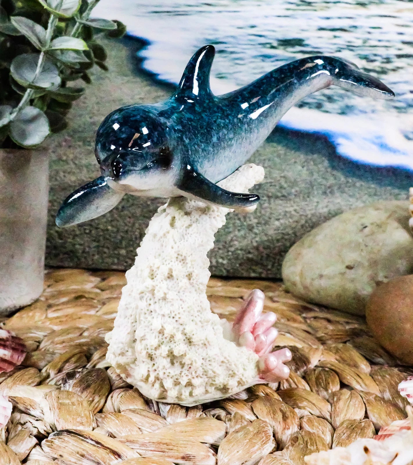 Ocean Marine Sea Life Bottlenose Dolphin Swimming Over Coral Reef Figurine-8