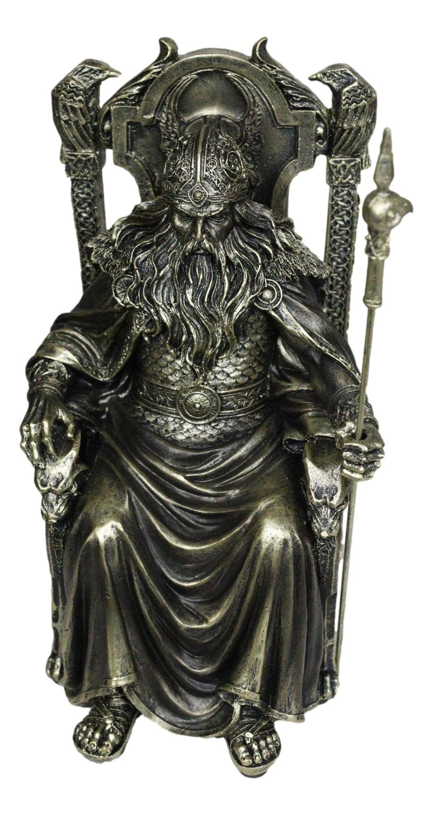 Norse Viking Odin The Alfather Sitting On A Throne with Raven Spear Statue-8