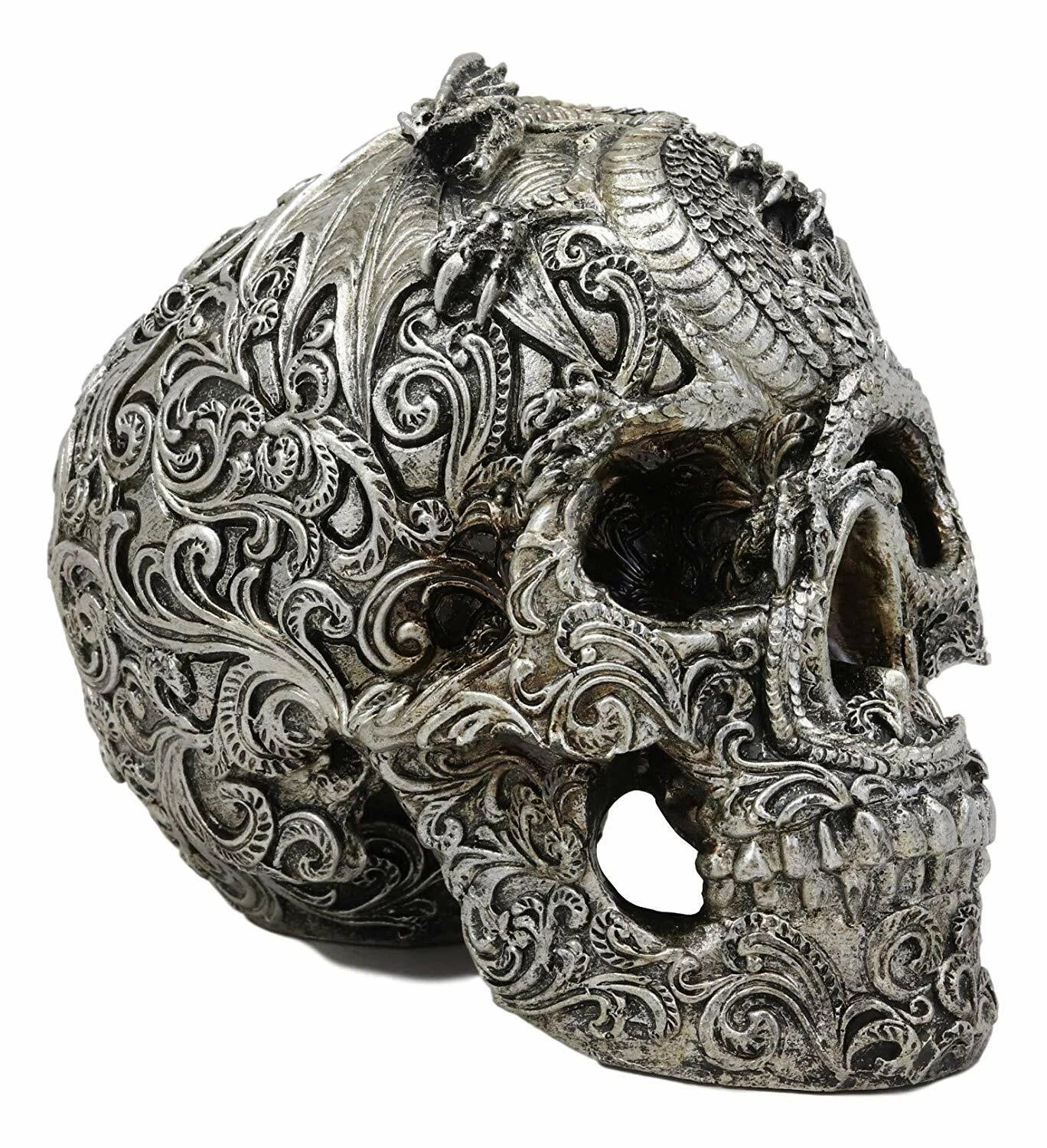 Flying Dragon On Tribal Le Fleur Floral Tattoo Skull Statue Halloween 7.5"L-9