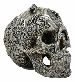 Flying Dragon On Tribal Le Fleur Floral Tattoo Skull Statue Halloween 7.5"L-9