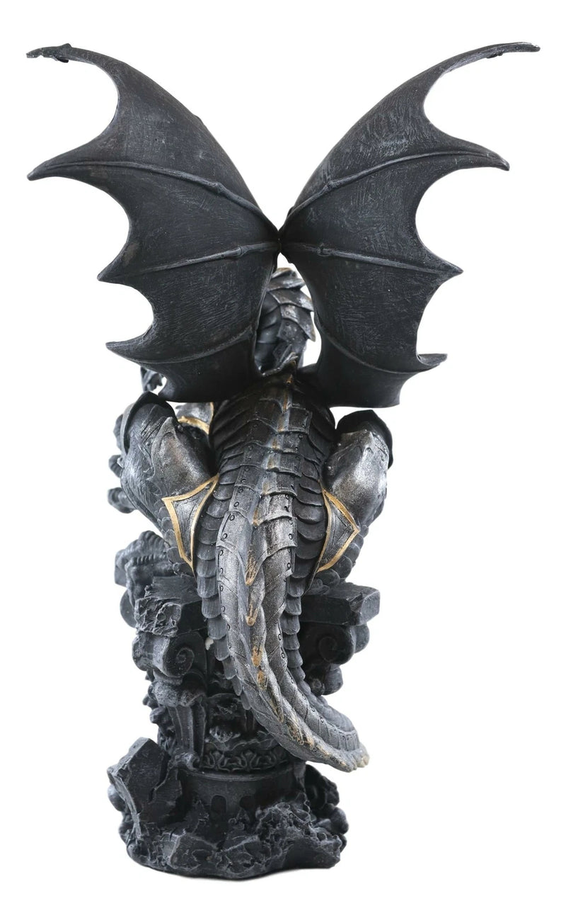 Large Rune Armored Dragon On Pedestal Tea Light Candle Holder Statue Figurine-6