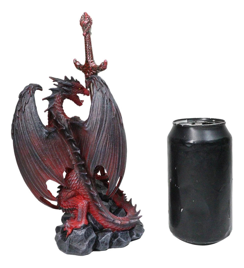 Figura de dragón de hoja viuda de roca volcánica de lava roja con espada abrecartas-9