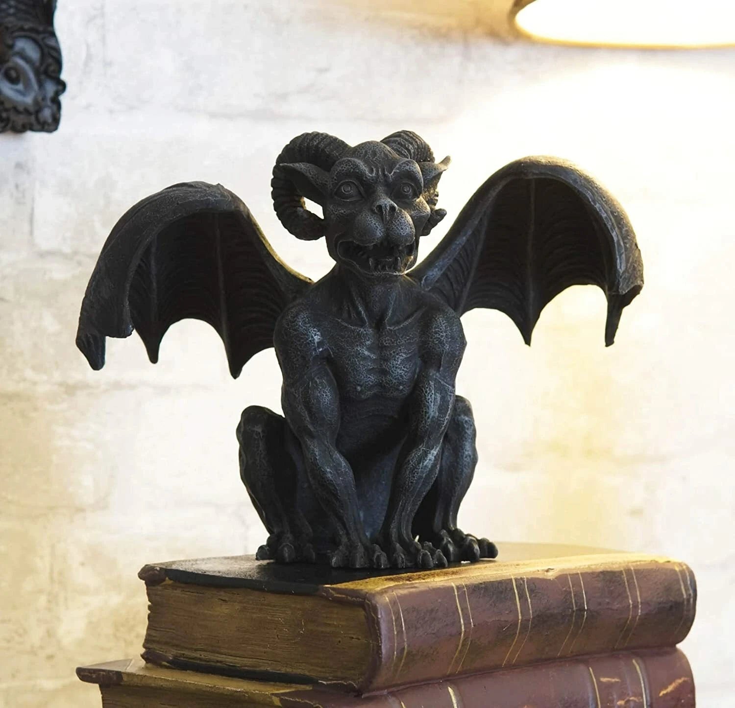 Crouching Ram Horned Gargoyle Statue in Faux Stone Finish Resin 6.25" Tall-4