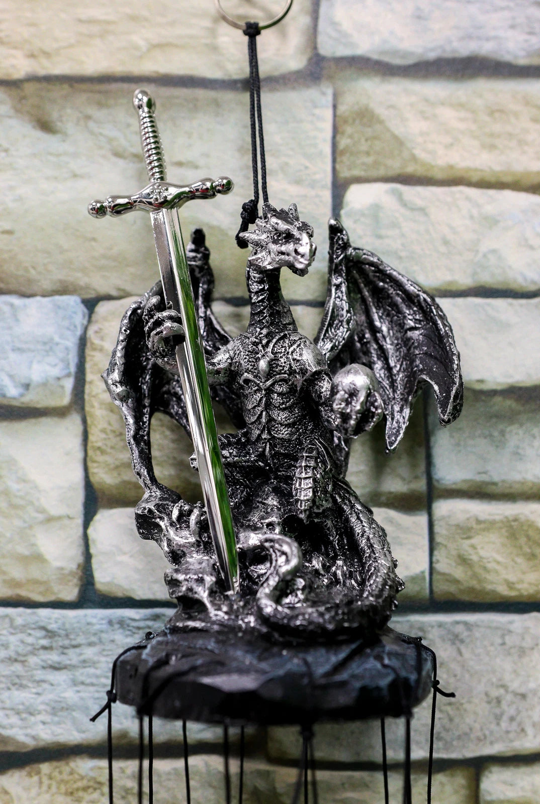 Medieval Silver Dragon Holding Excalibur Sword And Orb Figurine Wind Chime Decor-6