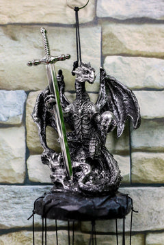 Medieval Silver Dragon Holding Excalibur Sword And Orb Figurine Wind Chime Decor-6