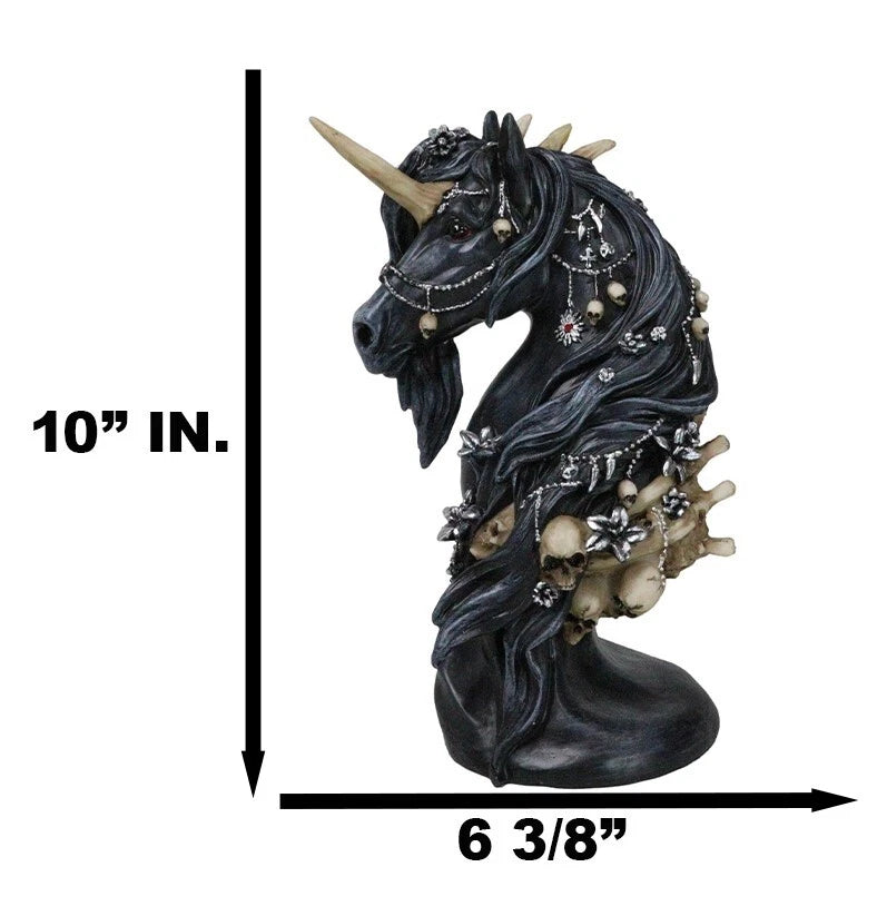 Busto de caballo unicornio negro macabro con huesos de esqueleto y calaveras-9