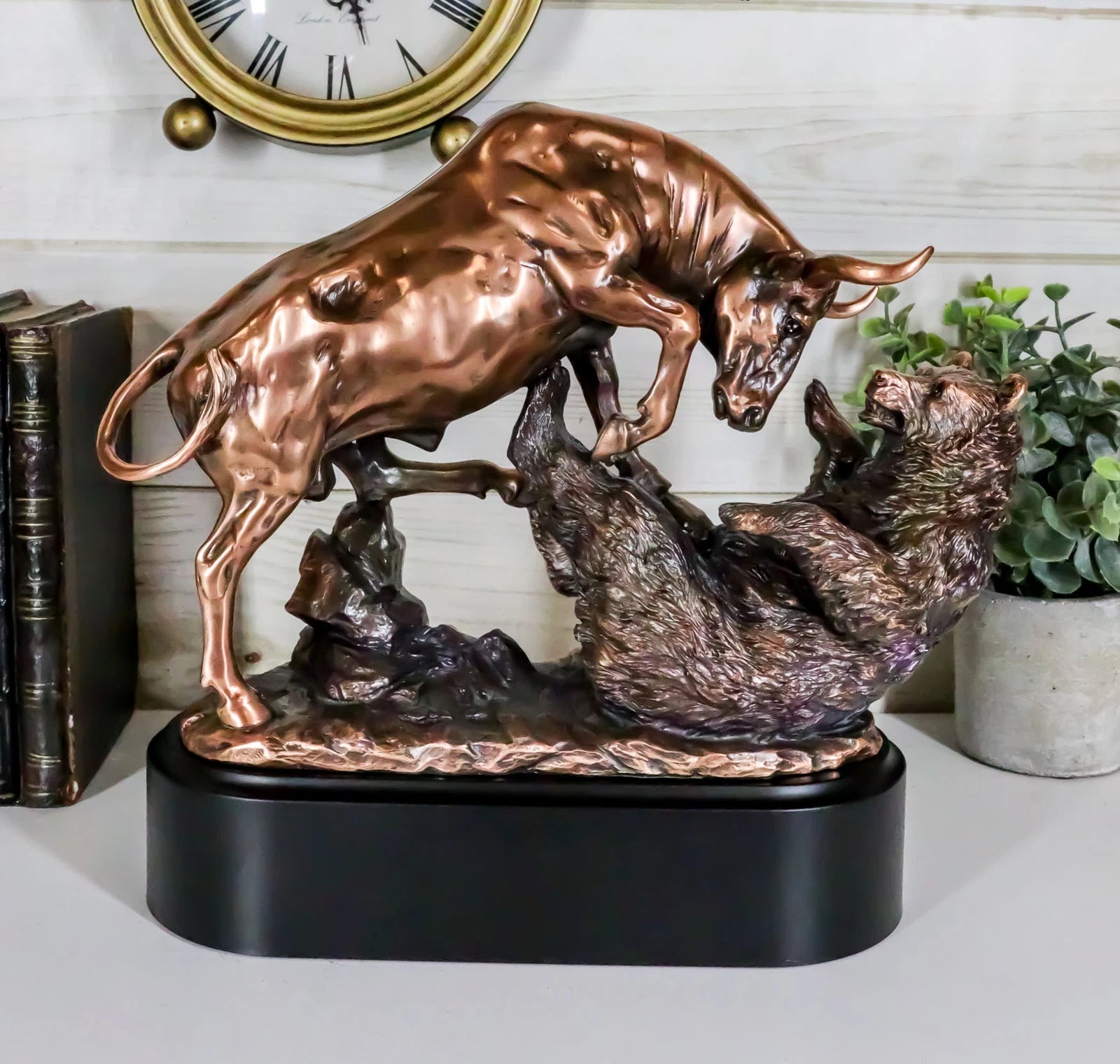 Wall Street Stock Market Charging Bull Trouncing Bear Statue With Pedestal Base-8