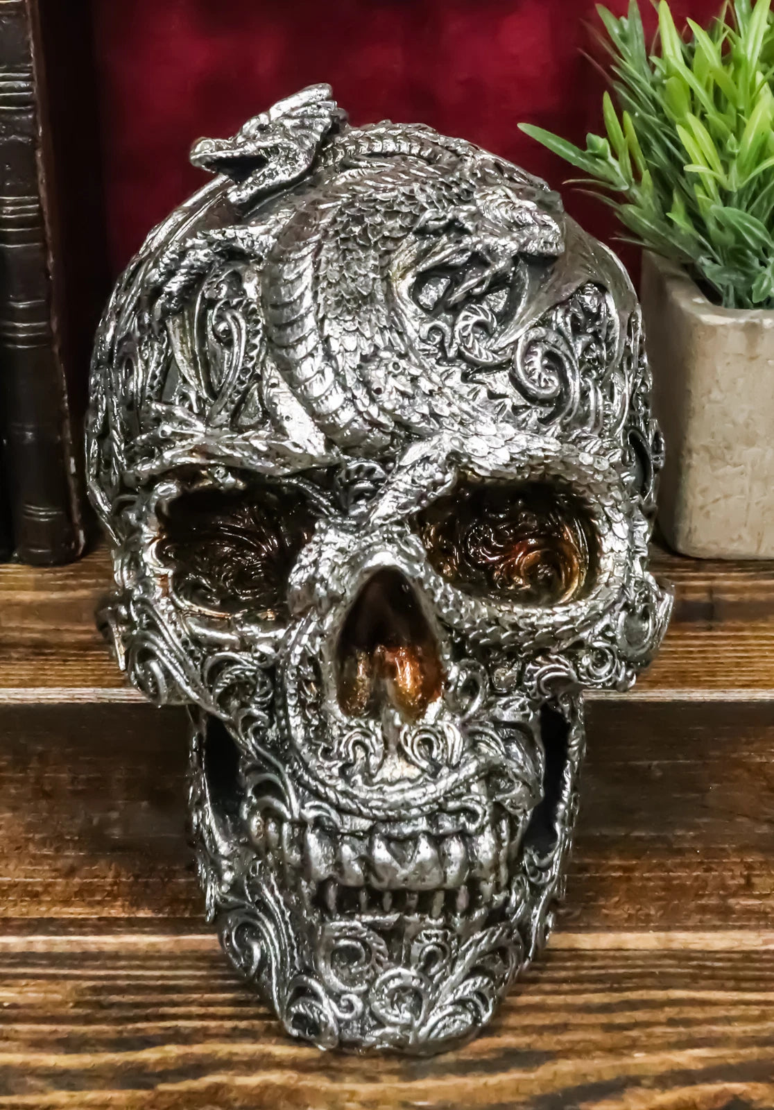 Flying Dragon On Tribal Le Fleur Floral Tattoo Skull Statue Halloween 7.5"L-8
