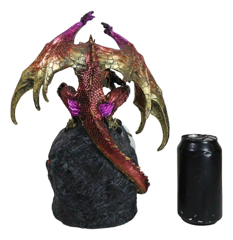 Metallic Red Gold Armored Dragon On Volcano Lava Rock With LED Optic Ball Statue-9