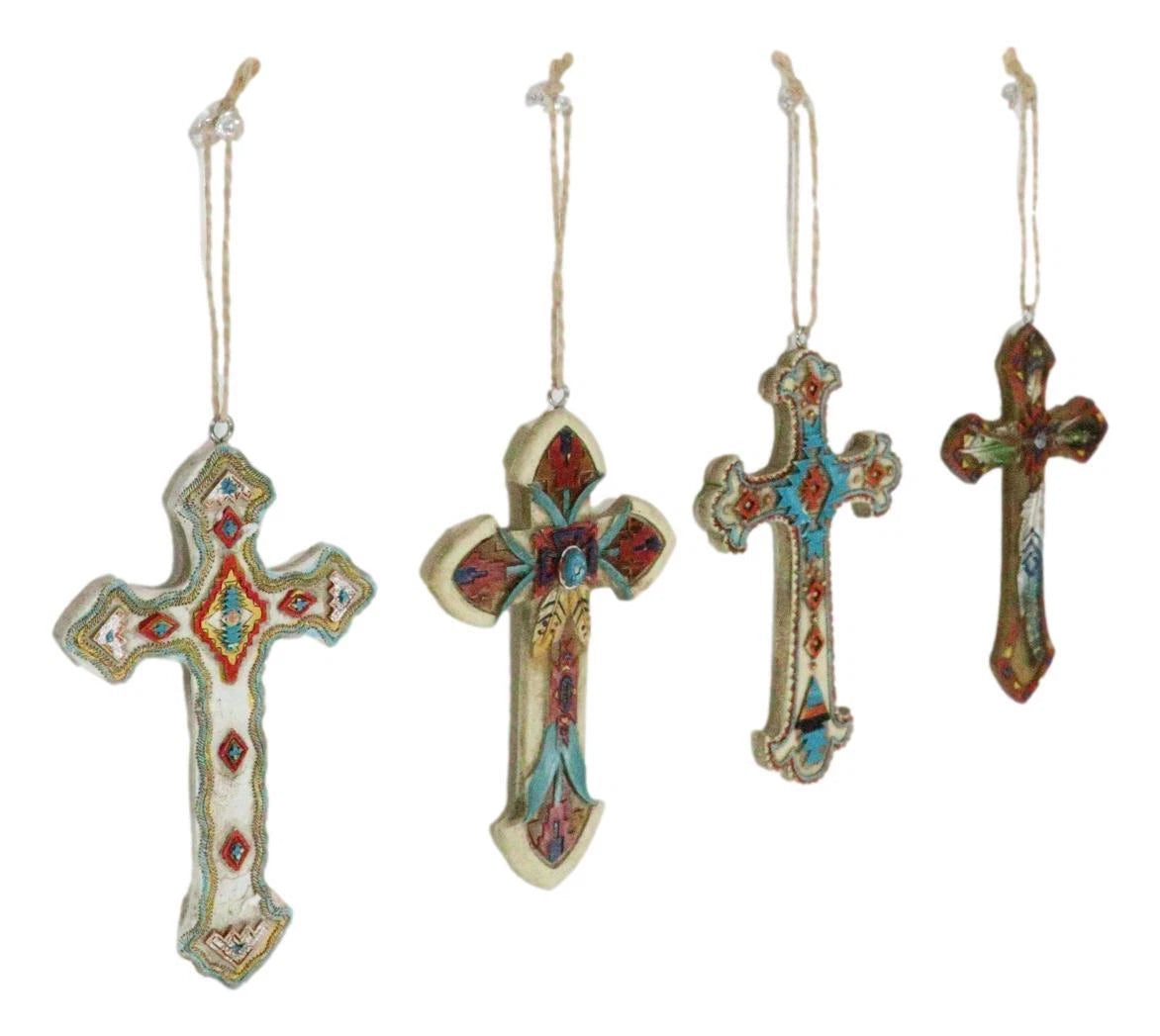 Rustic Western Native Indian Christian Crosses Set of 4 Christmas Tree Ornaments-9