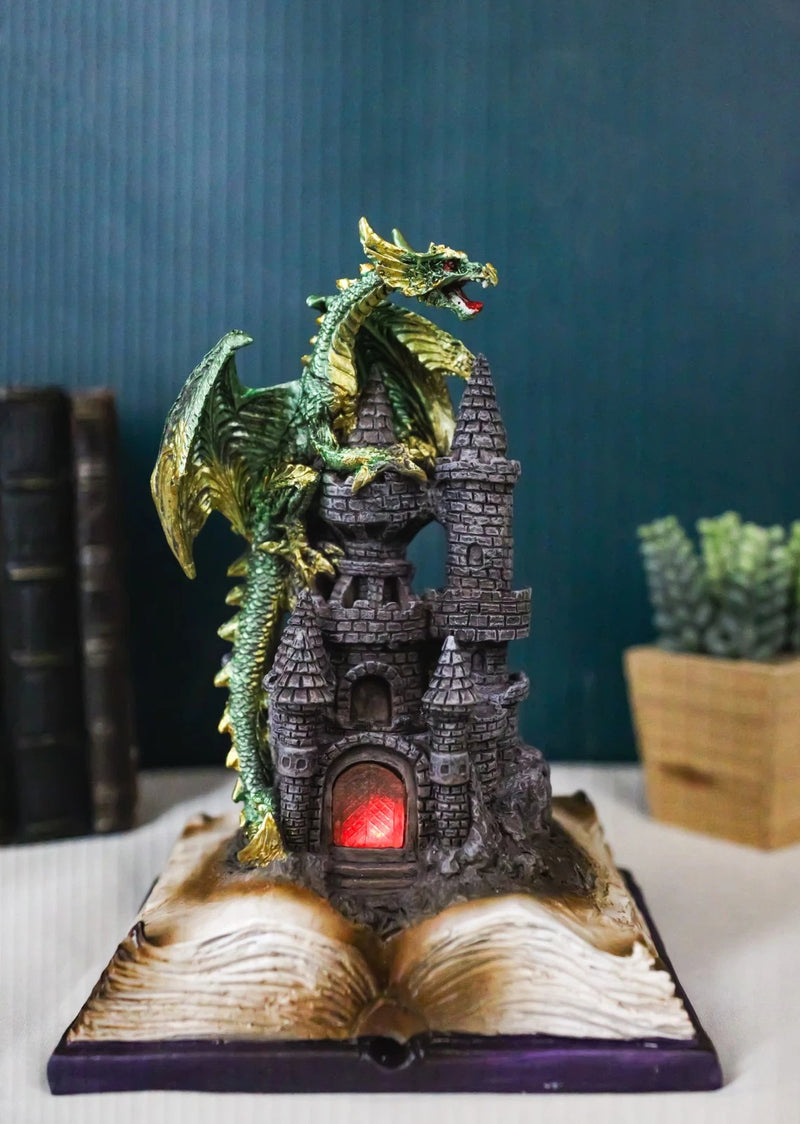 Medieval Green Dragon Perching On LED Castle With Book of Spells Figurine-1