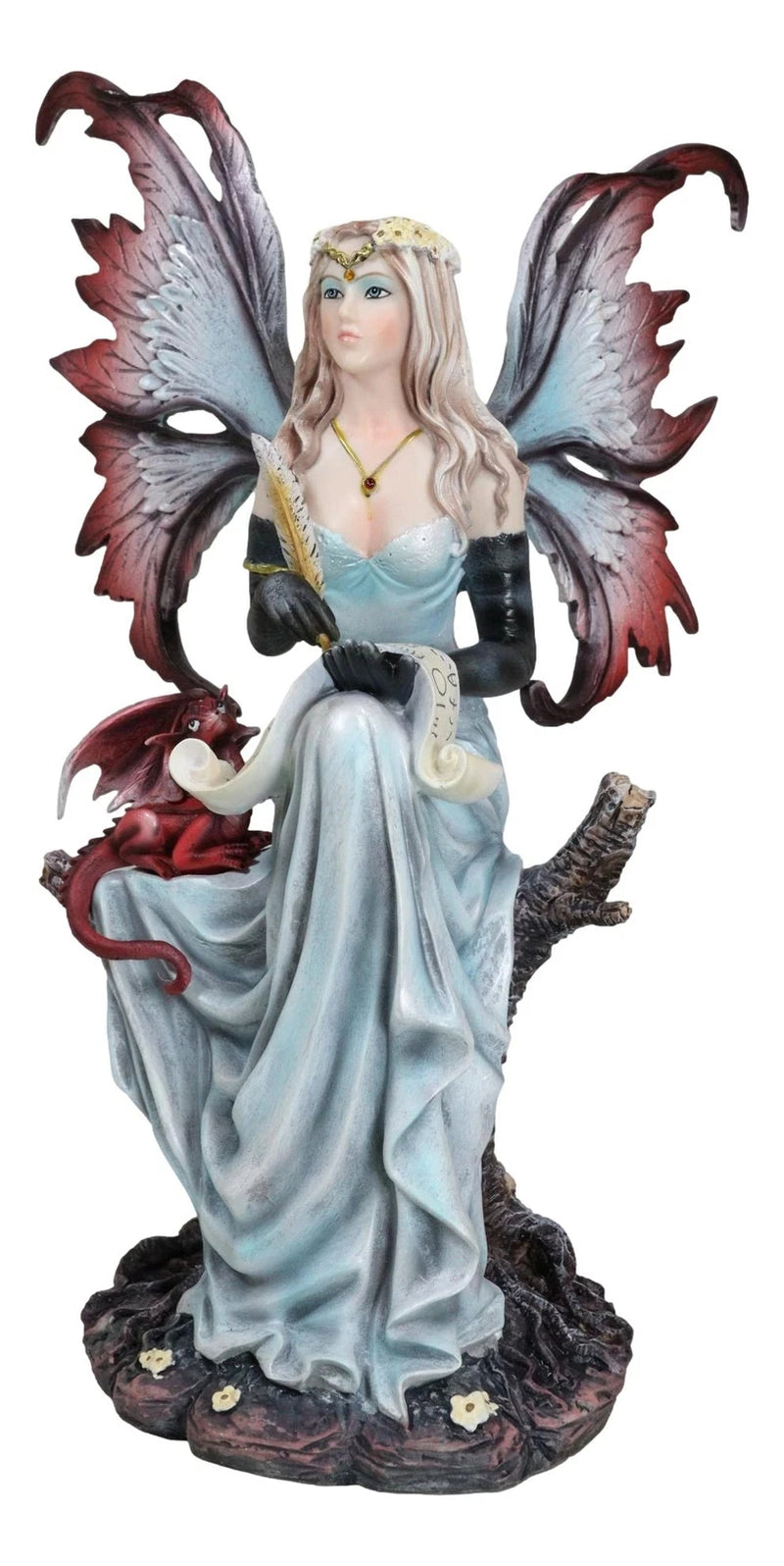 Blonde Fairy Scribe And Red Dragon Writing On Dragons Tales Scroll Figurine-8