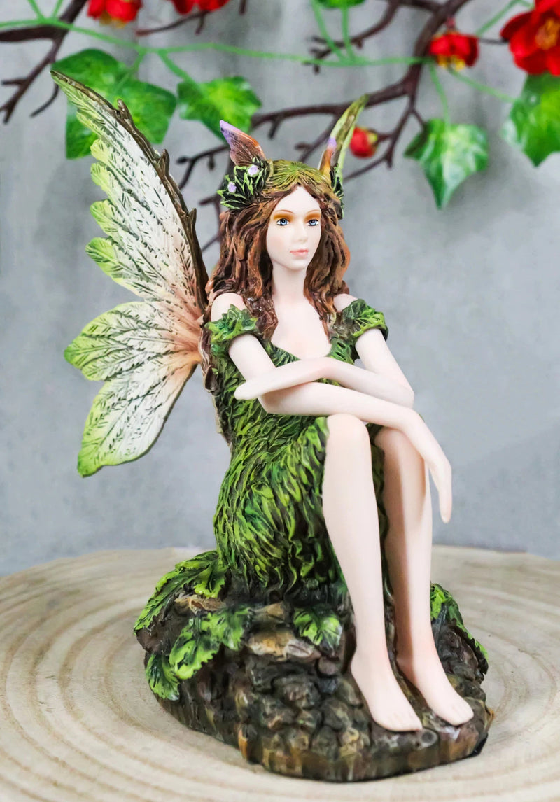 Sitting Pretty Tribal Elf Pixie Earth Fairy in Green Foliage Dress Figurine-1