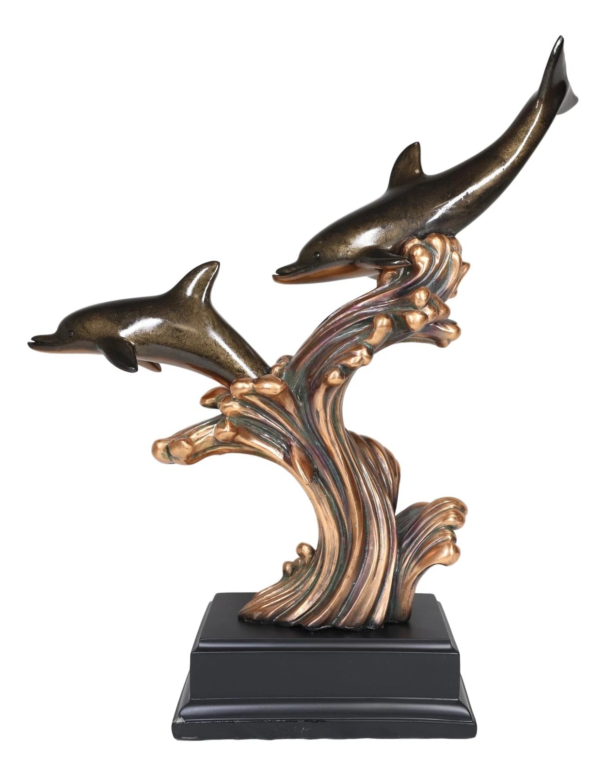 Nautical 2 Dolphins Surfing Ocean Waves Electroplated Bronze Resin Statue-7