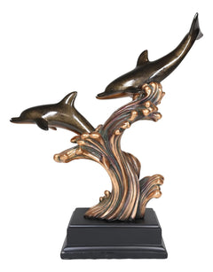 Nautical 2 Dolphins Surfing Ocean Waves Electroplated Bronze Resin Statue-7
