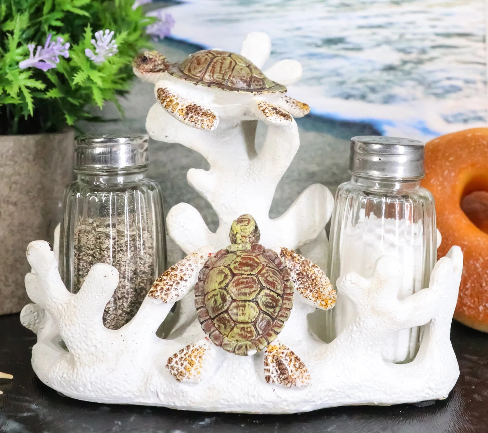 Nautical Coral Reef With 2 Sea Turtles Salt And Pepper Shakers Holder Set-7