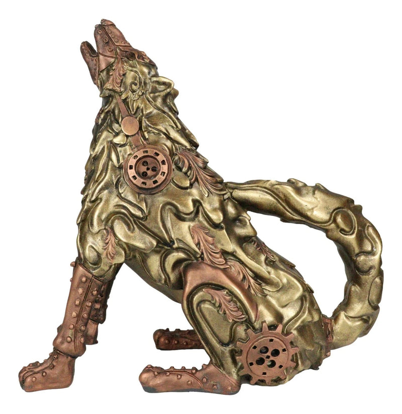 Steampunk Armor Geared Golden Robotic Alpha Wolf Howling At The Moon Statue-9