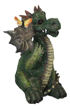 Whimsical Green Garden Dragon With Butterfly With Welcome Plank Sign Figurine-9