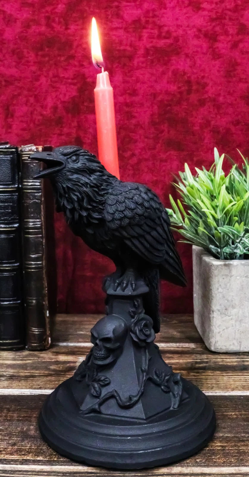 Gothic Poe Raven Crow Black Rose Skull Tombstone Tea Light Votive Candle Holder-2