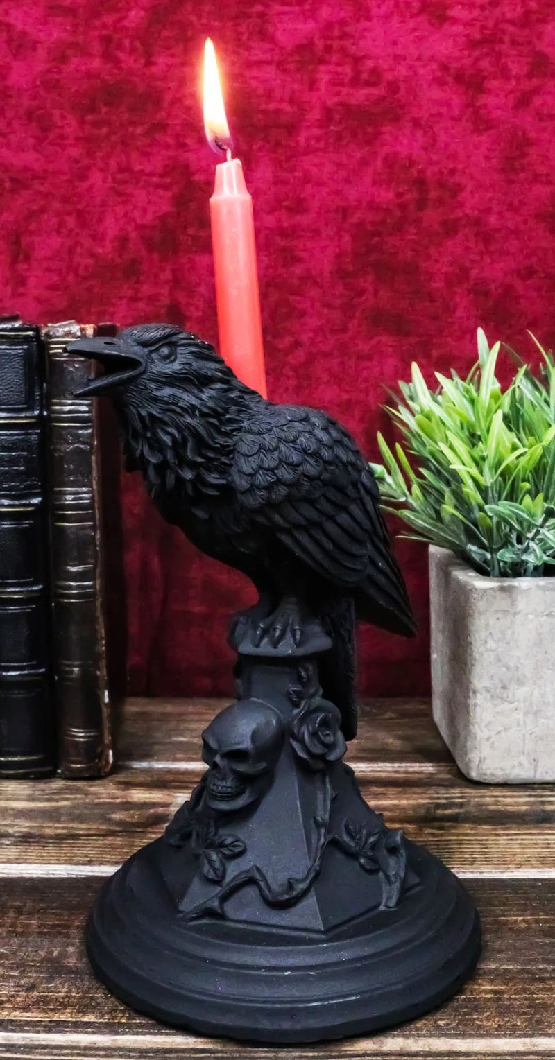 Gothic Poe Raven Crow Black Rose Skull Tombstone Tea Light Votive Candle Holder-2