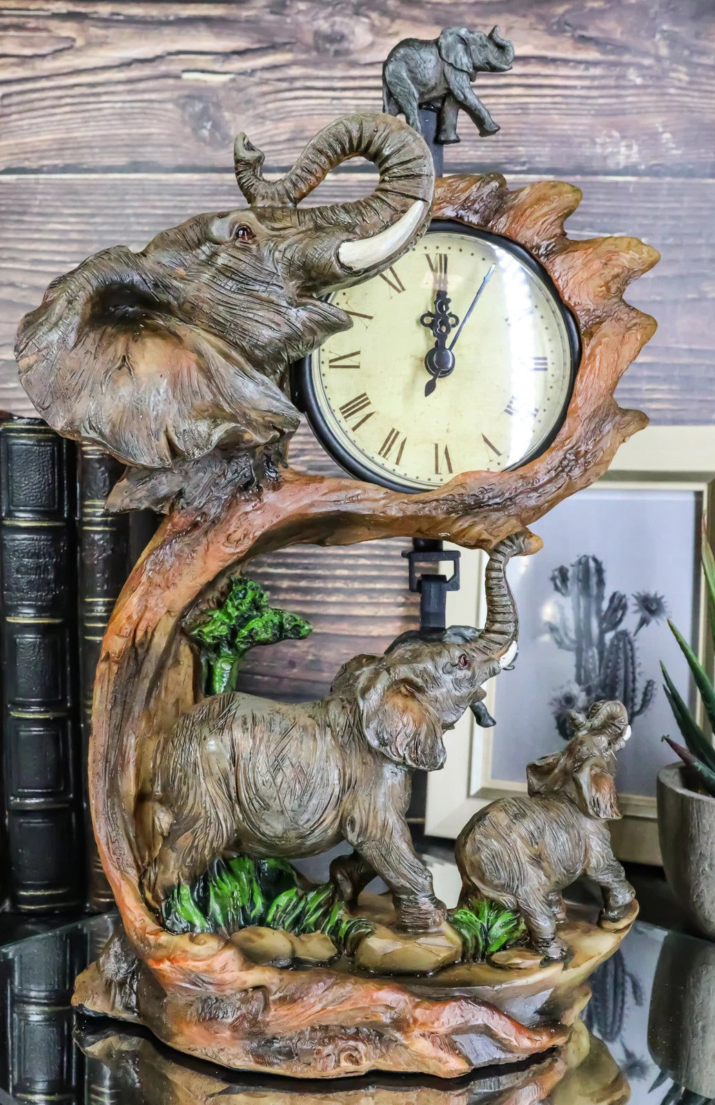 Reloj de mesa con péndulo de 26,5 cm de altura, con familia de elefantes, padre y cría-9