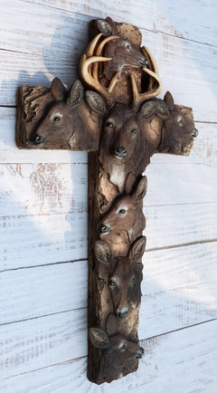 Rustic Western Wildlife Deer Stag with Antlers And Does Family Wall Cross Plaque-9