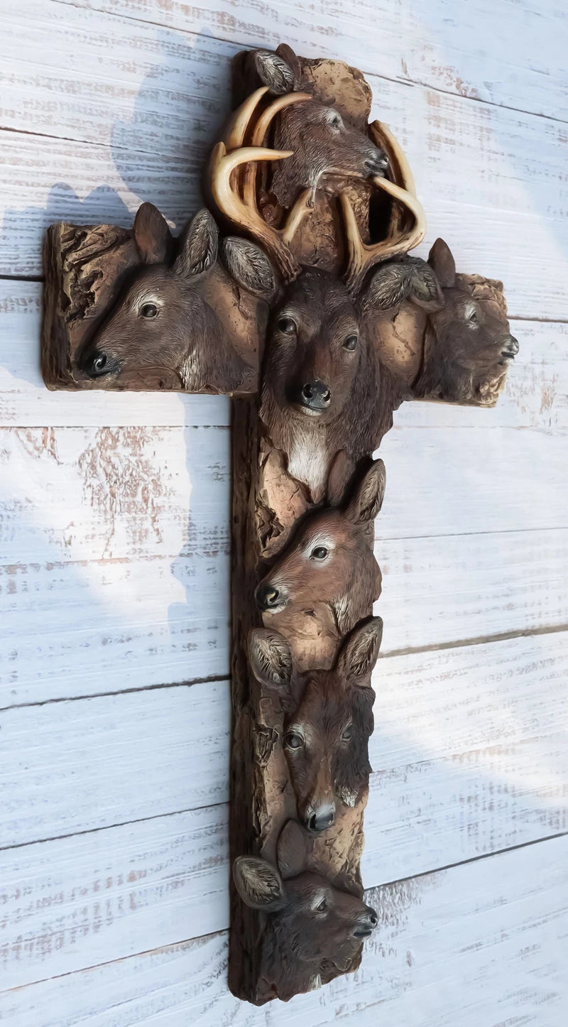 Rustic Western Wildlife Deer Stag with Antlers And Does Family Wall Cross Plaque-9