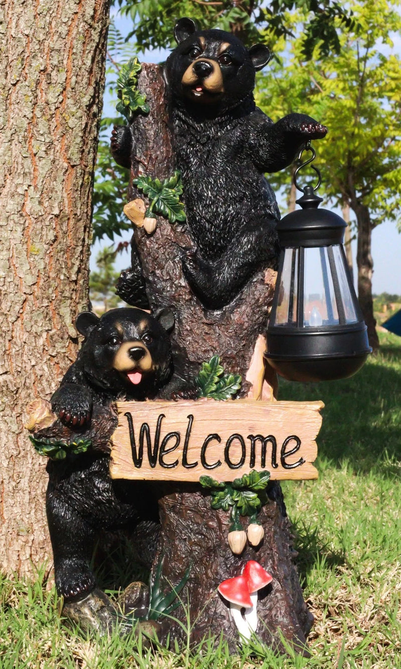 Climbing Black Bear Cubs Garden Light Welcome Statue Figurine Solar LED Lantern-1